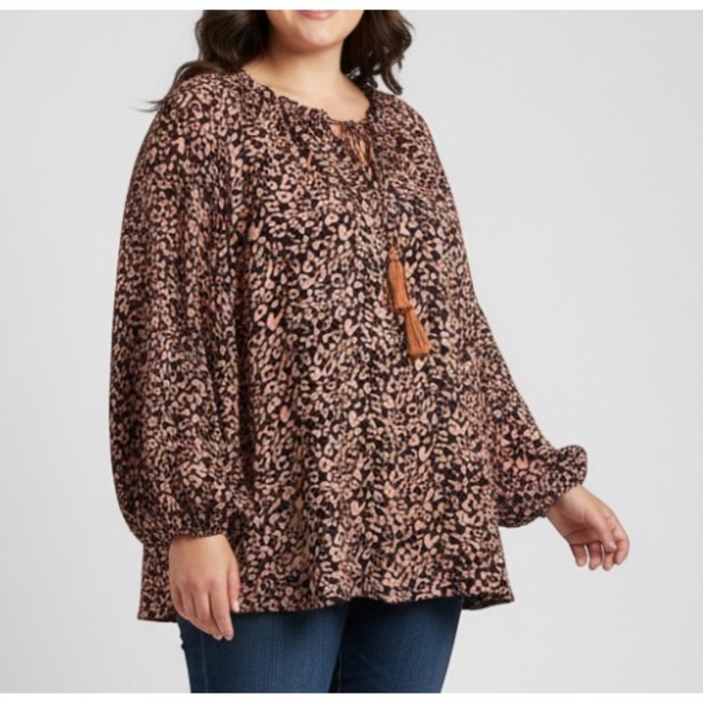 GIGIO PLUS Black/Brown LEOPARD PRINT Tie Neckline ELASTIC CUFF Crepe BLOUSE XL